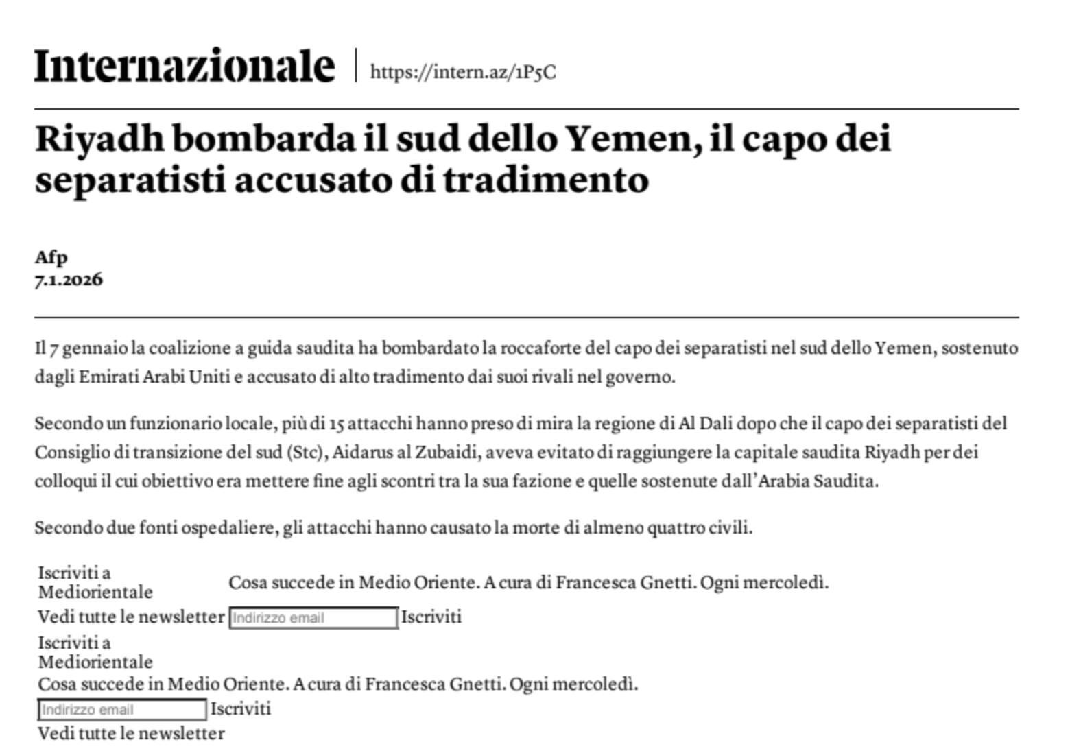 Internazionale — Riyadh bombarda il sud dello Yemen, il capo dei separatisti accusato di tradimento