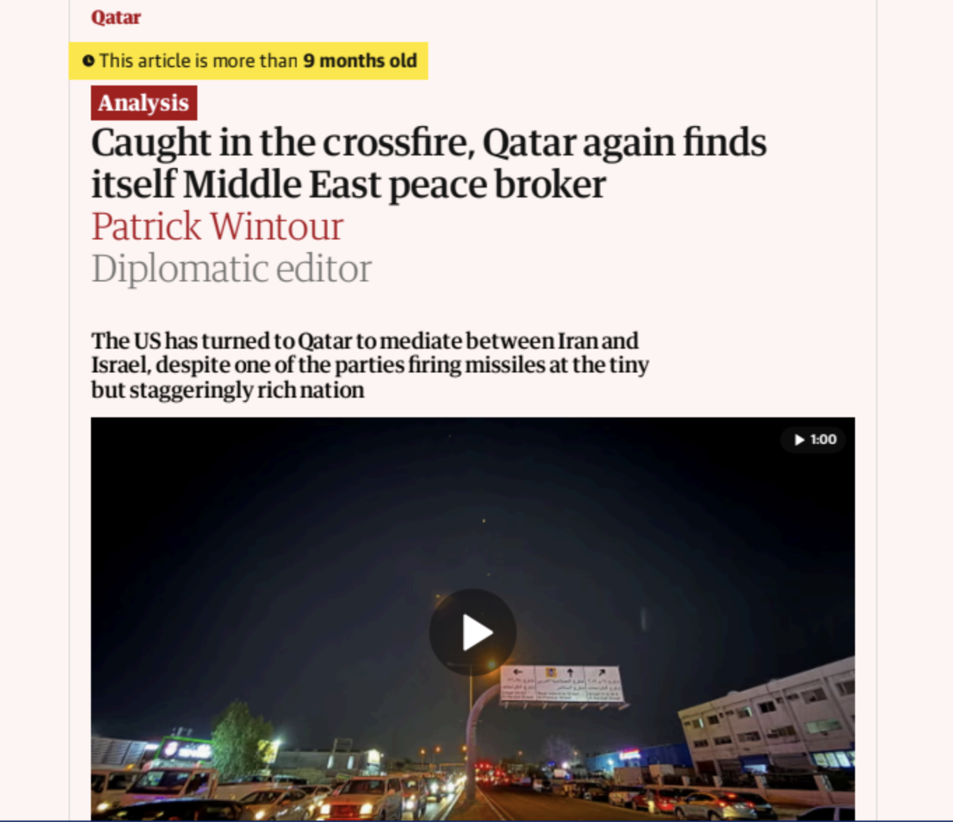 The Guardian — Caught in the crossfire, Qatar again finds itself Middle East peace broker