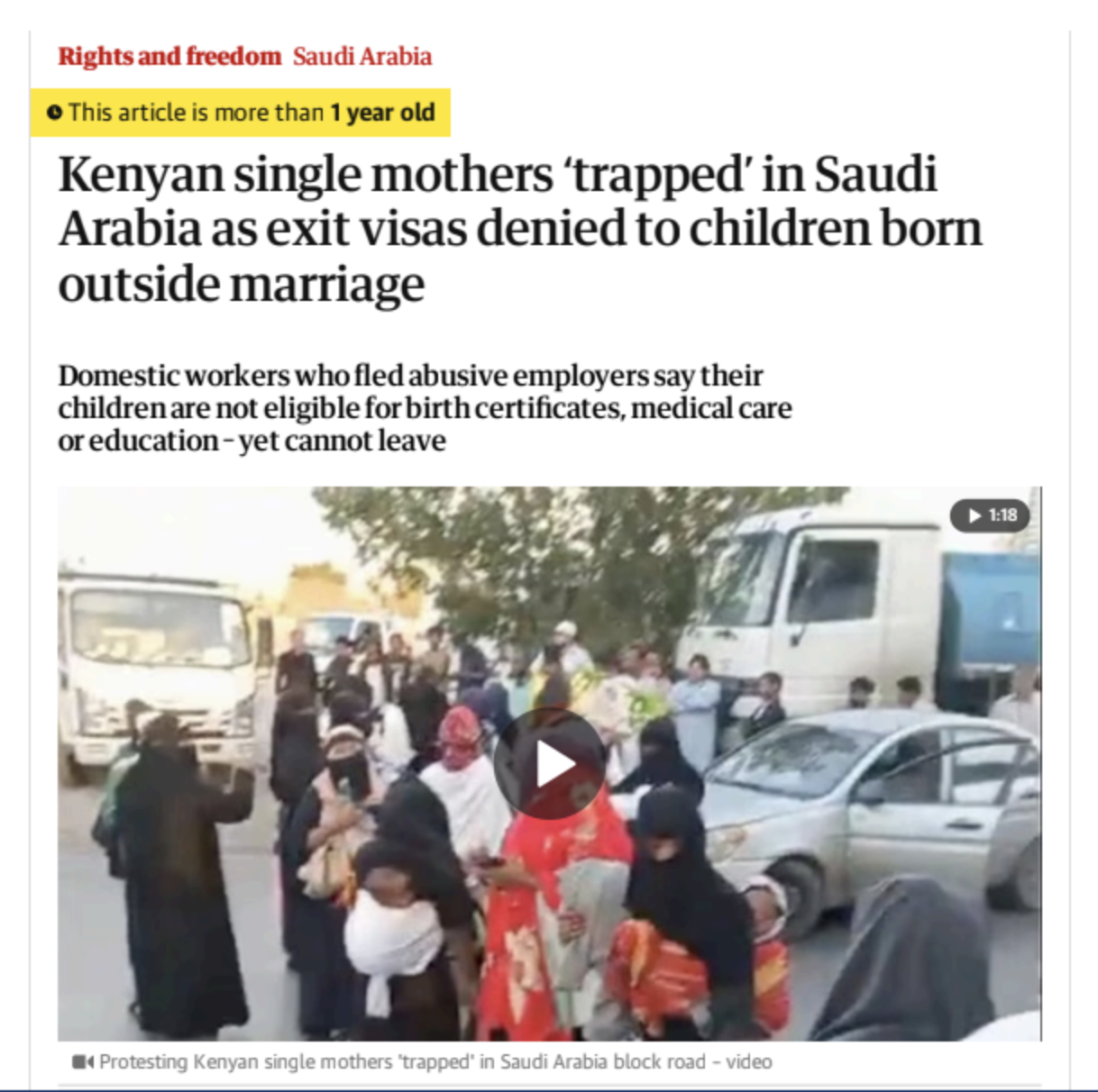 The Guardian — Kenyan single mothers 'trapped' in Saudi Arabia as exit visas denied to children born outside marriage