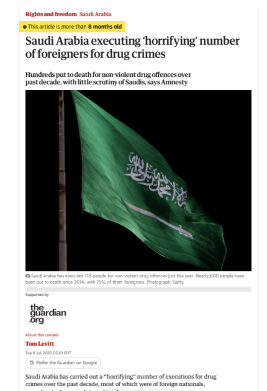The Guardian — Saudi Arabia executing 'horrifying' number of foreigners for drug crimes