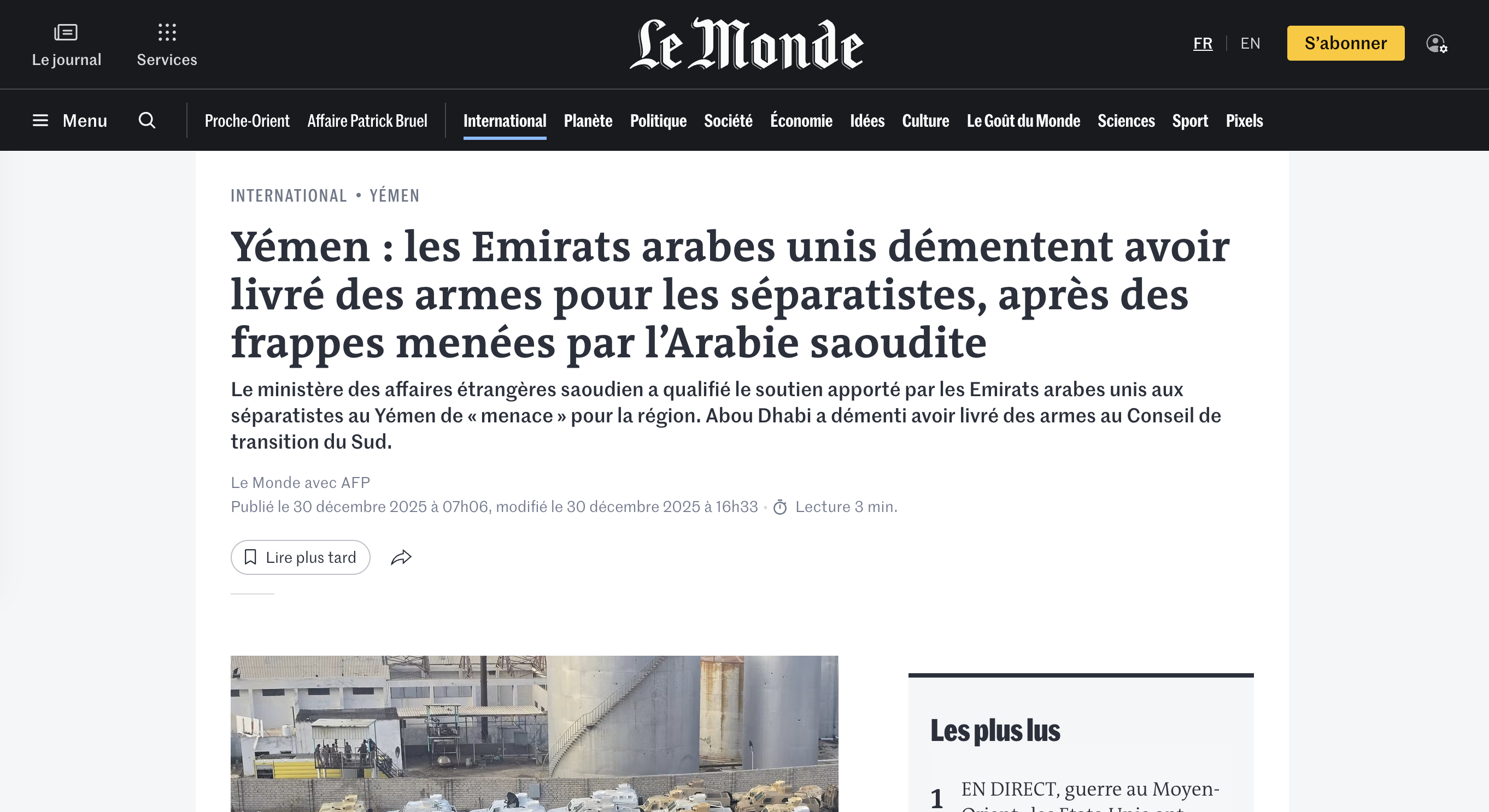 Le Monde — Yémen : les Émirats arabes unis démentent avoir livré des armes aux séparatistes